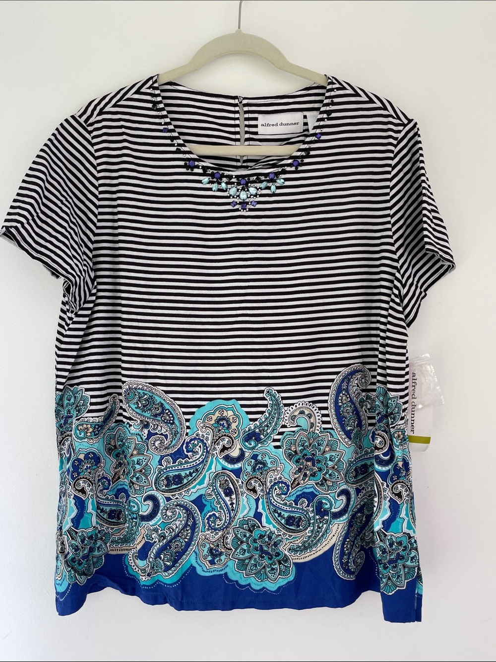 Alfred Dunner Black & White Striped Blouse with Blue Paisley Hem